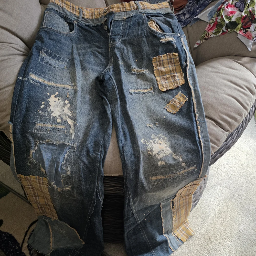 Free People Blue Patchwork Flare Jeans with Plaid Accents